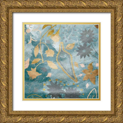 Golden Teal Florals Mate Gold Ornate Wood Framed Art Print with Double Matting by Grey, Jace