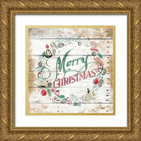 Merry Christmas Wreath Gold Ornate Wood Framed Art Print with Double Matting by Grey, Jace