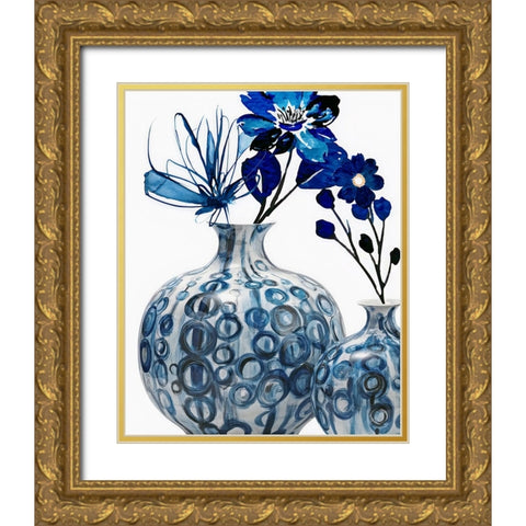 Blue Floral In Pots Gold Ornate Wood Framed Art Print with Double Matting by Keith, Jesse