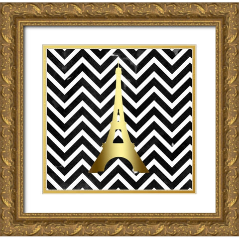 Eiffel Chevron Black White Gold Ornate Wood Framed Art Print with Double Matting by Matic,Jelena