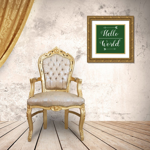 Hello World Green Gold Ornate Wood Framed Art Print with Double Matting by Matic,Jelena