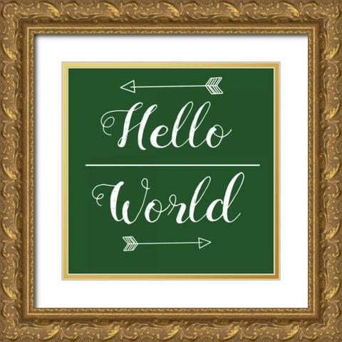 Hello World Green Gold Ornate Wood Framed Art Print with Double Matting by Matic,Jelena