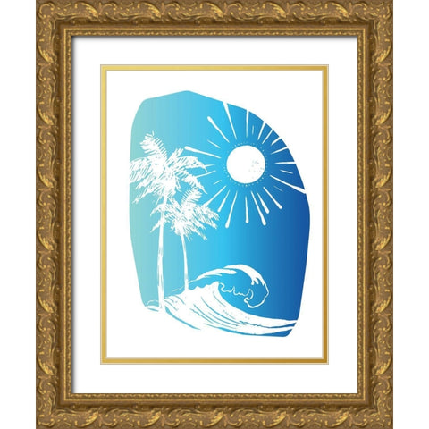 Palm Tree Sun Waves Blue Gold Ornate Wood Framed Art Print with Double Matting by McCully, Jennifer
