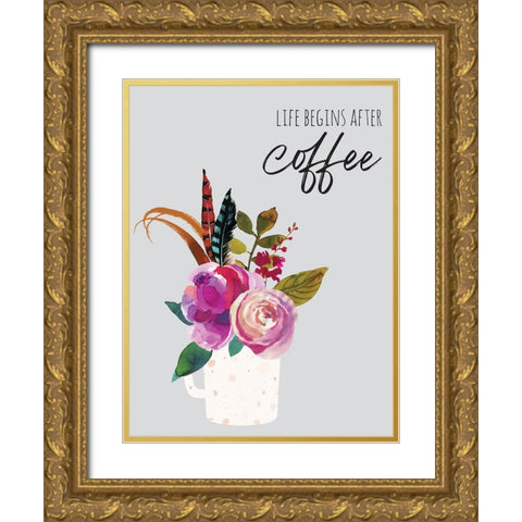 Life Begins After Coffee 1 Gold Ornate Wood Framed Art Print with Double Matting by McCully, Jennifer