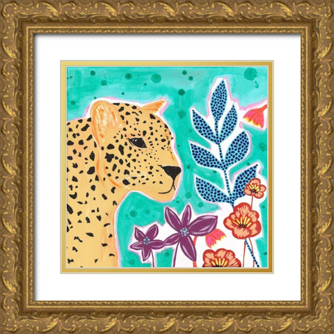 Teal Cheetah Gold Ornate Wood Framed Art Print with Double Matting by McCully, Jennifer