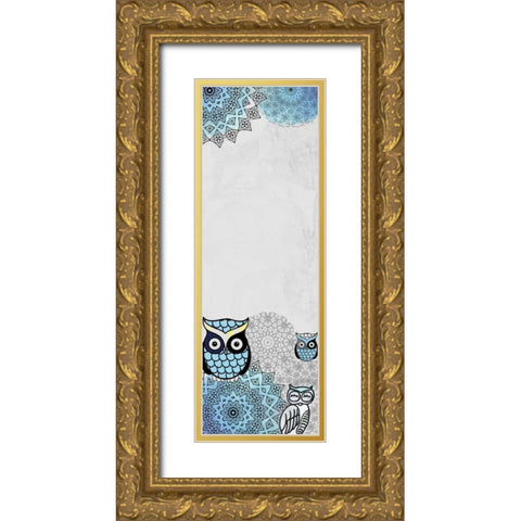 Owls in Blue Gold Ornate Wood Framed Art Print with Double Matting by Allen, Kimberly