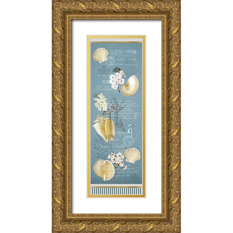 Cherry Blossom and Shells Blue Gold Ornate Wood Framed Art Print with Double Matting by Kimberly, Allen