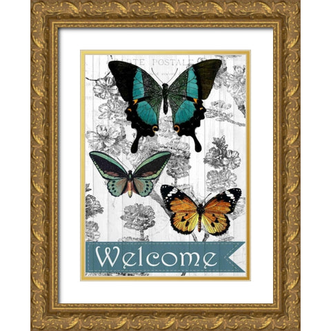 Welcome Butterflies Gold Ornate Wood Framed Art Print with Double Matting by Allen, Kimberly