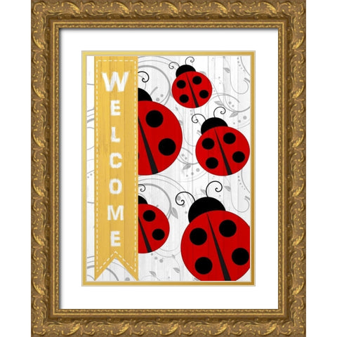 Welcome Ladybug Gold Ornate Wood Framed Art Print with Double Matting by Allen, Kimberly