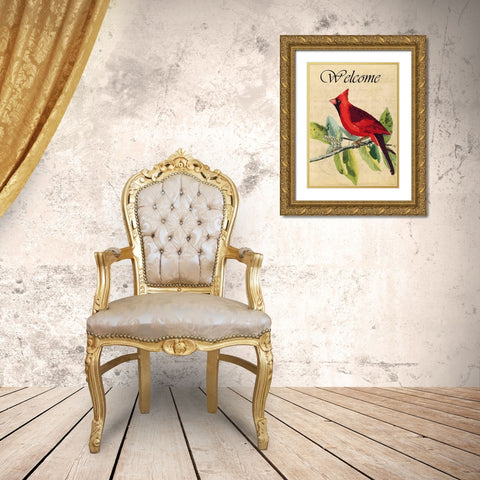 Cardinal Welcome Gold Ornate Wood Framed Art Print with Double Matting by Allen, Kimberly