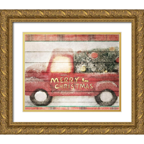 Merry Christmas Truck Gold Ornate Wood Framed Art Print with Double Matting by Kimberly, Allen