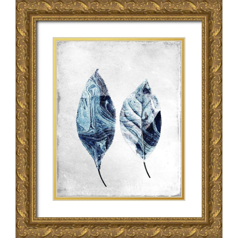 Marbled Blue Leaves 2 Gold Ornate Wood Framed Art Print with Double Matting by Allen, Kimberly