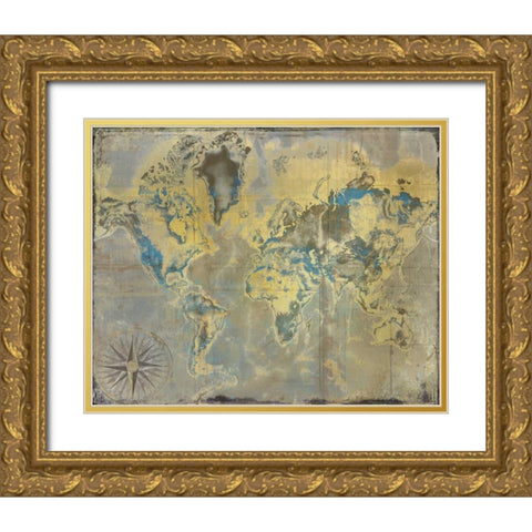Golden Teal World Map Gold Ornate Wood Framed Art Print with Double Matting by Allen, Kimberly