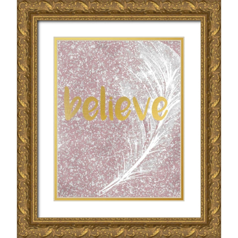 Pink Glitter Feather 1 Gold Ornate Wood Framed Art Print with Double Matting by Kimberly, Allen