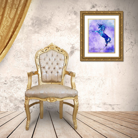 Follow your Dreams Unicorn Purple Gold Ornate Wood Framed Art Print with Double Matting by Kimberly, Allen