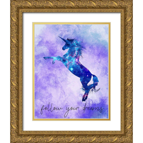 Follow your Dreams Unicorn Purple Gold Ornate Wood Framed Art Print with Double Matting by Kimberly, Allen