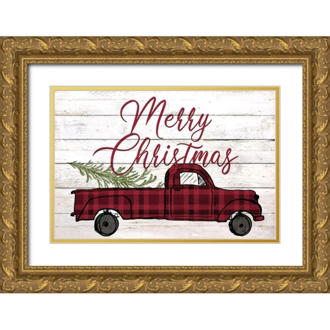 Merry Christmas Holiday Truck Gold Ornate Wood Framed Art Print with Double Matting by Kimberly, Allen