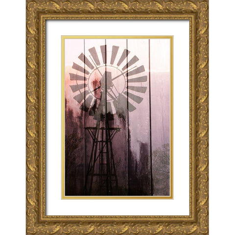 Windmill Sunset Gold Ornate Wood Framed Art Print with Double Matting by Kimberly, Allen