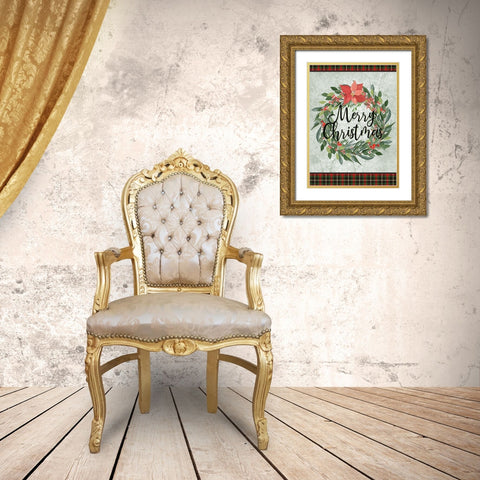 Merry Christmas Wreath Gold Ornate Wood Framed Art Print with Double Matting by Kimberly, Allen