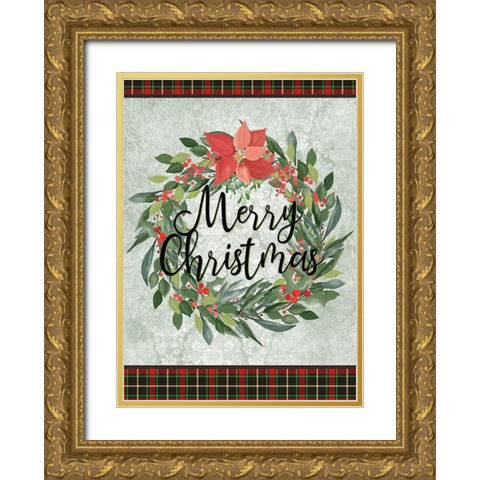 Merry Christmas Wreath Gold Ornate Wood Framed Art Print with Double Matting by Kimberly, Allen