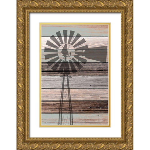 Windmill on Wood Gold Ornate Wood Framed Art Print with Double Matting by Kimberly, Allen