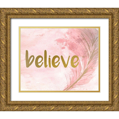 Pink Feathered 1 Gold Ornate Wood Framed Art Print with Double Matting by Kimberly, Allen