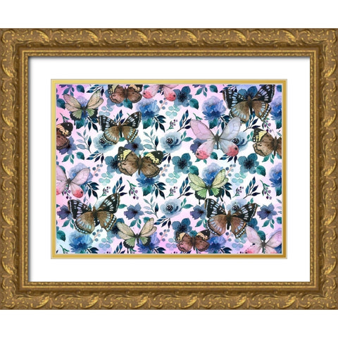 Floral Butterflies Gold Ornate Wood Framed Art Print with Double Matting by Allen, Kimberly