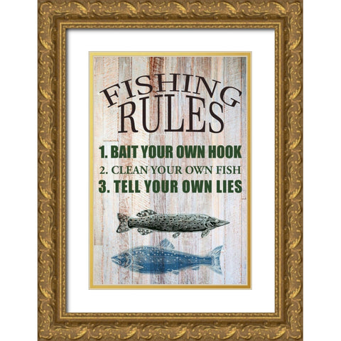 Fishing Rules Gold Ornate Wood Framed Art Print with Double Matting by Allen, Kimberly