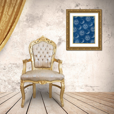 Sun Moon Pattern Blue Gold Ornate Wood Framed Art Print with Double Matting by Allen, Kimberly