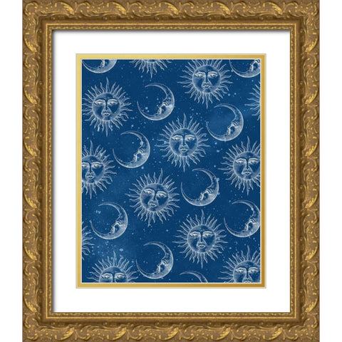 Sun Moon Pattern Blue Gold Ornate Wood Framed Art Print with Double Matting by Allen, Kimberly
