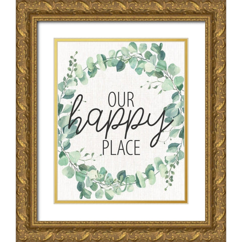 Our Happy Place Wreath Gold Ornate Wood Framed Art Print with Double Matting by Allen, Kimberly