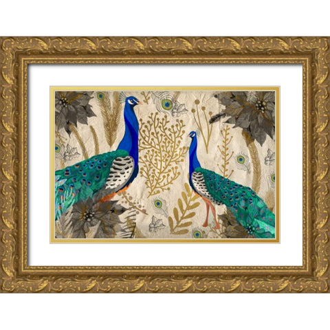 Poinsettia Peacocks Gold Ornate Wood Framed Art Print with Double Matting by Allen, Kimberly