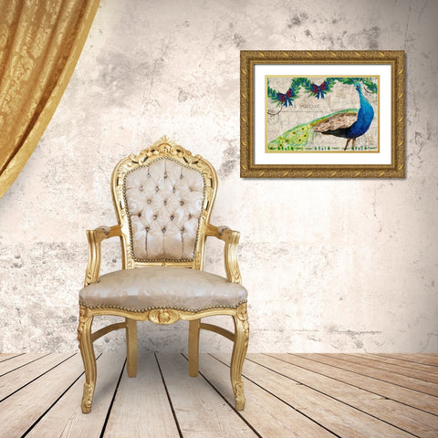 Christmas Postcard Peacock Gold Ornate Wood Framed Art Print with Double Matting by Allen, Kimberly