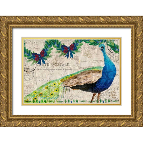Christmas Postcard Peacock Gold Ornate Wood Framed Art Print with Double Matting by Allen, Kimberly