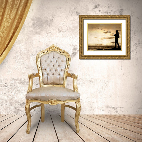 Fishing Silhouette Gold Ornate Wood Framed Art Print with Double Matting by Allen, Kimberly