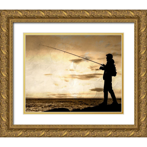 Fishing Silhouette Gold Ornate Wood Framed Art Print with Double Matting by Allen, Kimberly