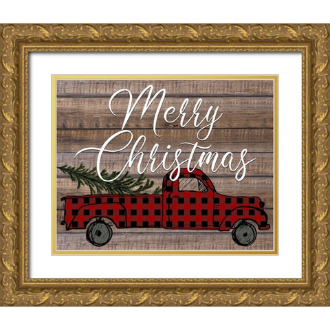 Merry Christmas Holiday Truck Gold Ornate Wood Framed Art Print with Double Matting by Allen, Kimberly