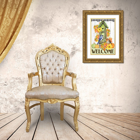 Autumn Birdhouse Gold Ornate Wood Framed Art Print with Double Matting by Allen, Kimberly