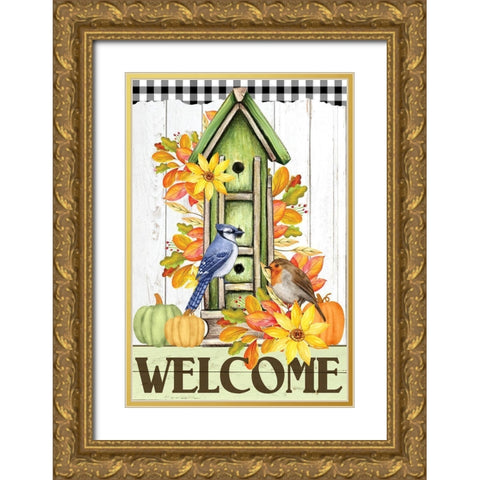 Autumn Birdhouse Gold Ornate Wood Framed Art Print with Double Matting by Allen, Kimberly
