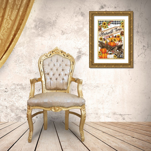 Wheelbarrow Pumpkins Gold Ornate Wood Framed Art Print with Double Matting by Allen, Kimberly