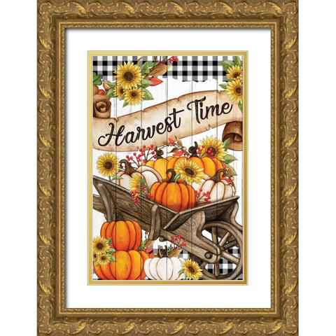 Wheelbarrow Pumpkins Gold Ornate Wood Framed Art Print with Double Matting by Allen, Kimberly