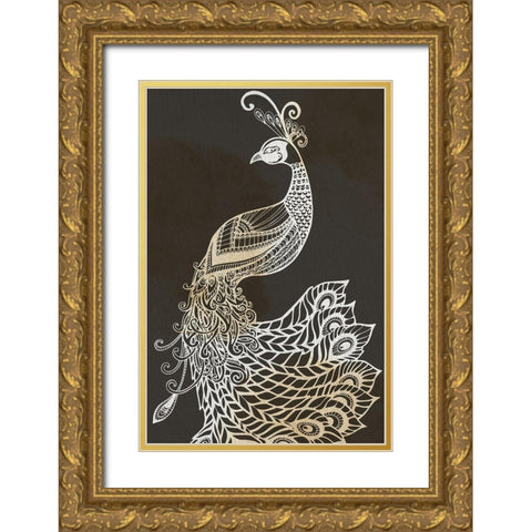 Monotone Peacock Gold Ornate Wood Framed Art Print with Double Matting by Allen, Kimberly