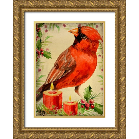 Christmas Cardinal Gold Ornate Wood Framed Art Print with Double Matting by Allen, Kimberly
