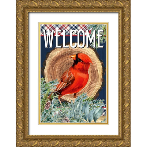 Cardinal Welcome Gold Ornate Wood Framed Art Print with Double Matting by Allen, Kimberly