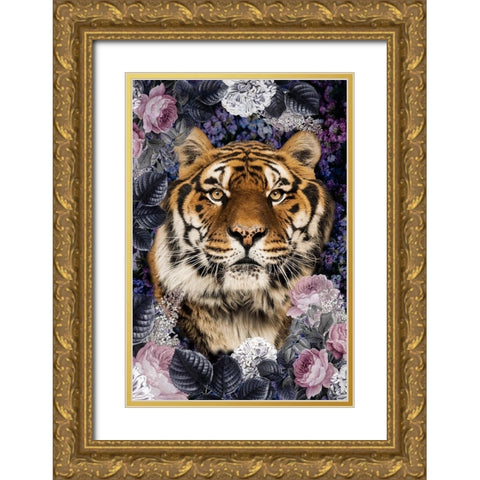 Tiger Deep Floral Gold Ornate Wood Framed Art Print with Double Matting by Allen, Kimberly