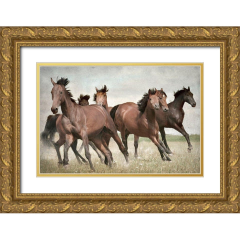 Running Wild Horses Gold Ornate Wood Framed Art Print with Double Matting by Allen, Kimberly