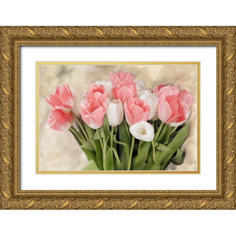 Pink And White Tulips Gold Ornate Wood Framed Art Print with Double Matting by Allen, Kimberly