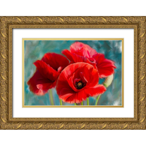 Poppies Blue Gold Ornate Wood Framed Art Print with Double Matting by Allen, Kimberly