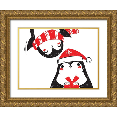 Penguin Christmas 2 Gold Ornate Wood Framed Art Print with Double Matting by Allen, Kimberly