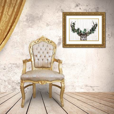 Christmas Deer Gold Ornate Wood Framed Art Print with Double Matting by Allen, Kimberly